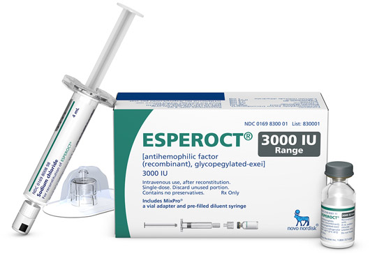 A photo of a pack of Esperoct [antihemophilic factor (recombinant), glycopegylated-exei] with the contents laid out around it, including a small vial of Esperoct® and the infusion equipment.